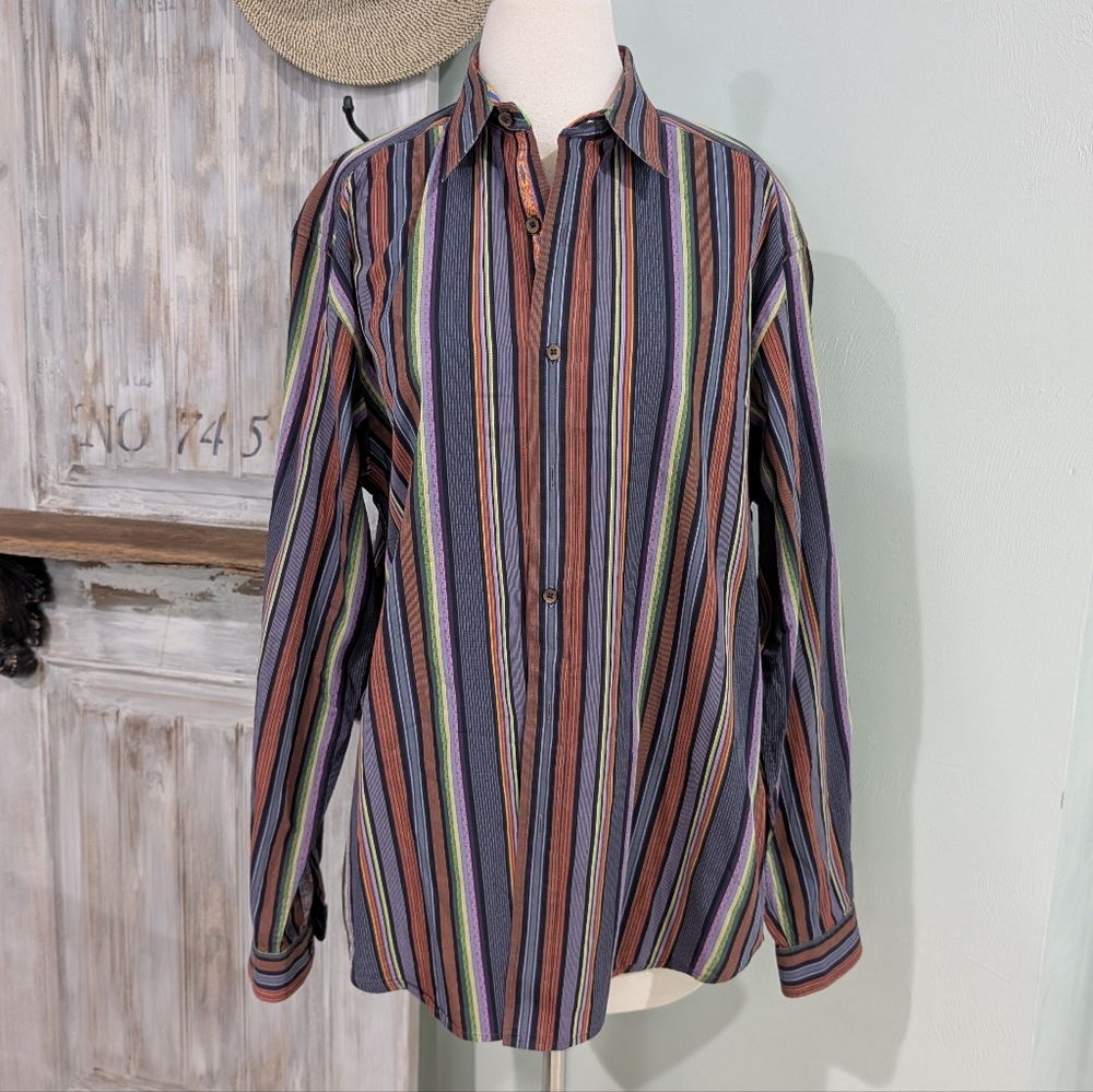 💜SOLD🤎Robert Graham Vibrant Striped Button Down Shirt - Picture 1 of 9